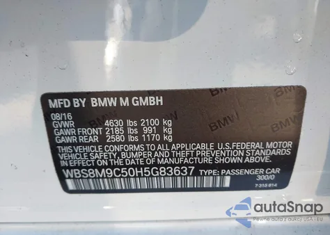 2017 BMW M3 z USA, uszkodzony, nr VIN WBS8M9C50H5G83637